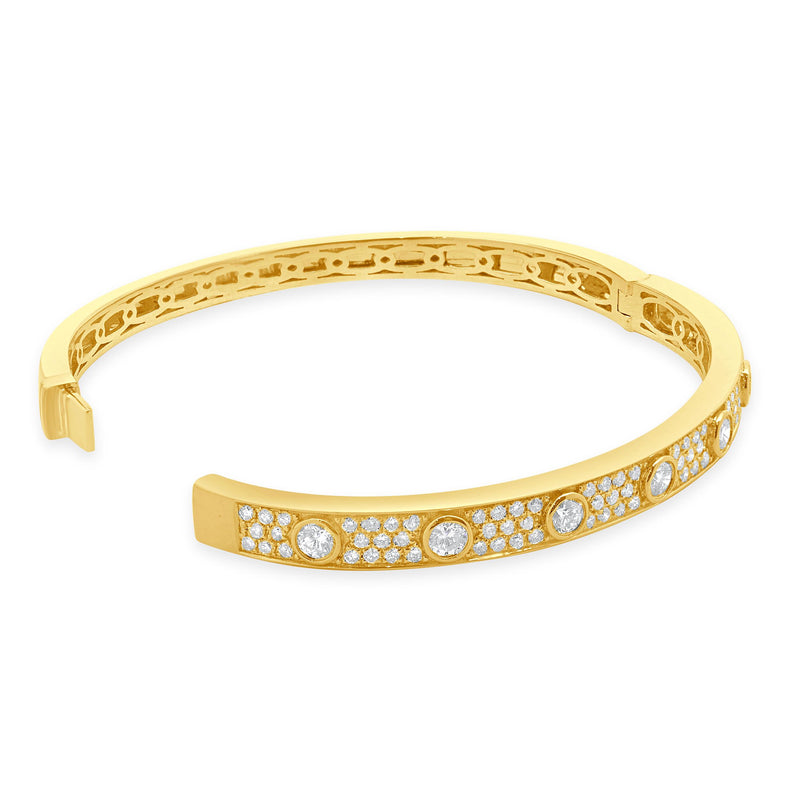 18 Karat Yellow Gold Pave Diamond Bangle Bracelet with Bezel Set Diamond Station