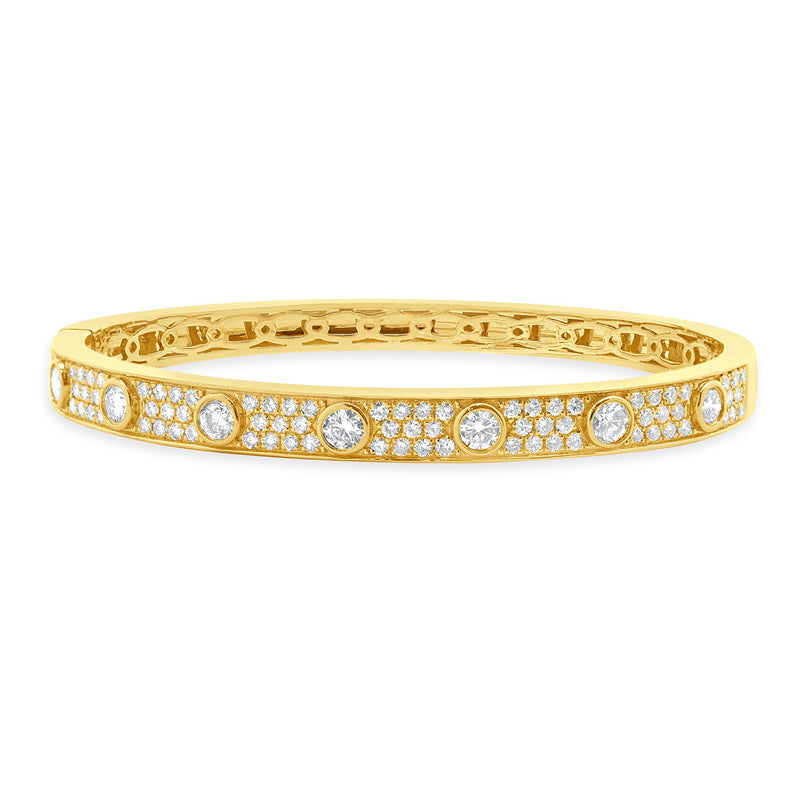 18 Karat Yellow Gold Pave Diamond Bangle Bracelet with Bezel Set Diamond Station