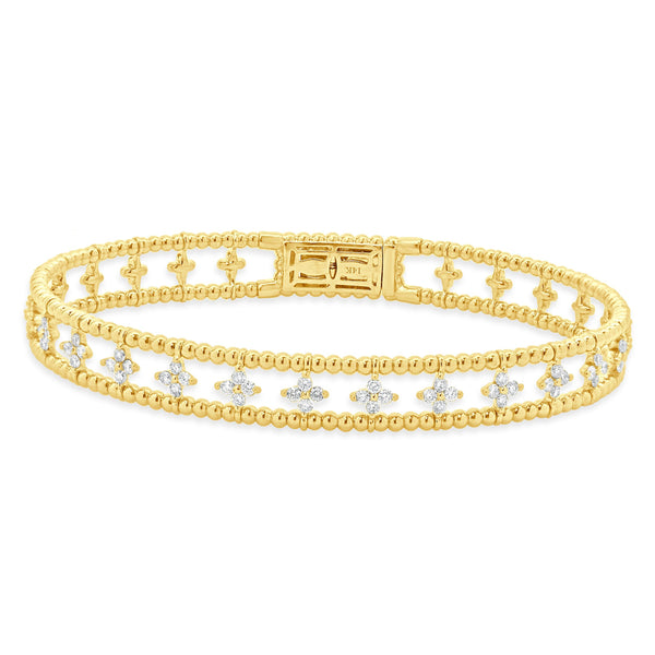 14 Karat Yellow Gold Diamond Floral Station Bangle Bracelet