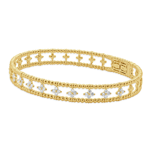 14 Karat Yellow Gold Diamond Floral Station Bangle Bracelet