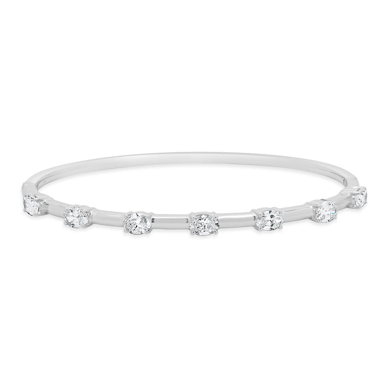 18K White Gold Oval Cut Diamond Station Bangle Bracelet