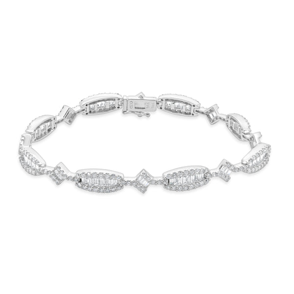 14 Karat White Gold Round and Baguette Inline Diamond Bracelet