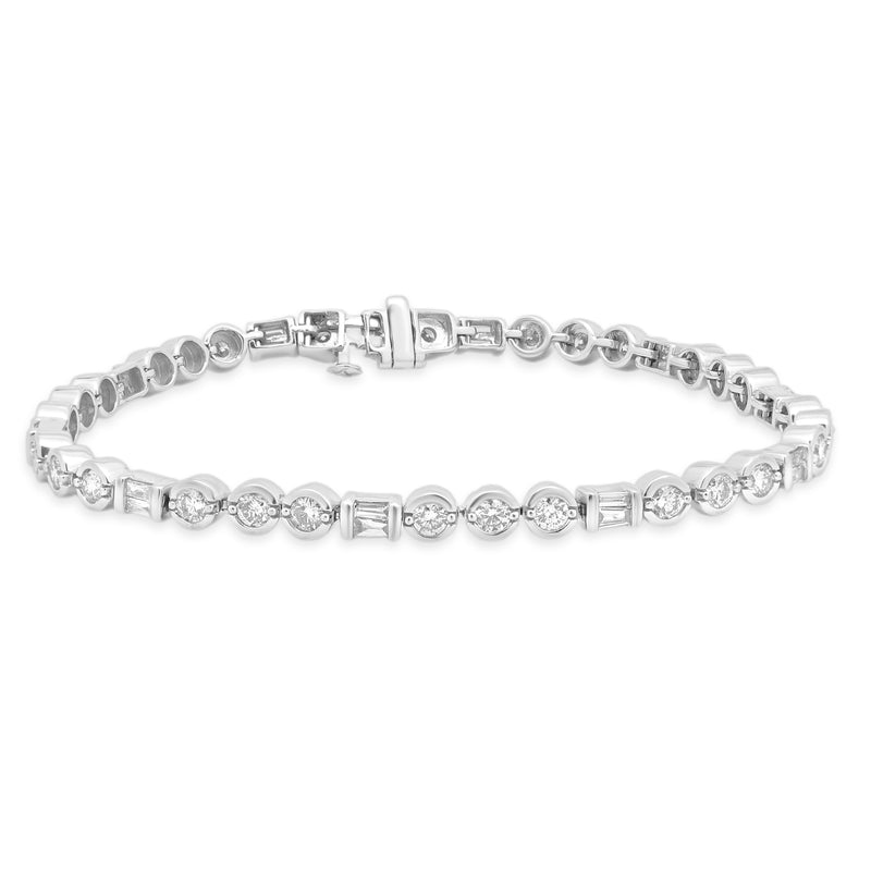 14 Karat White Gold Round and Baguette Diamond Bracelet