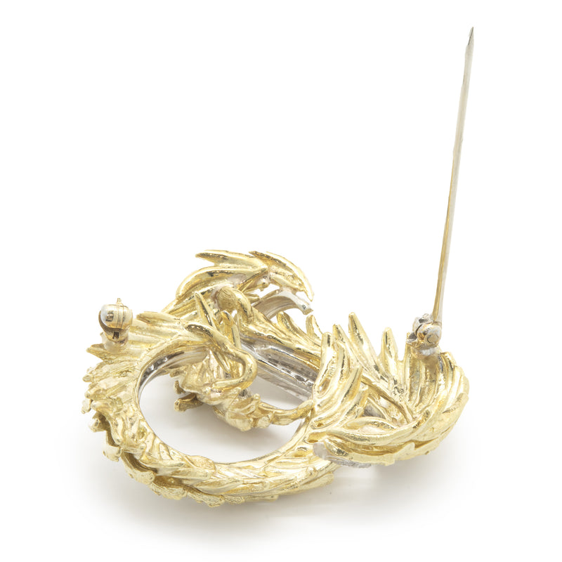 18 Karat Yellow Gold Vintage Diamond Feather Wrap Pin