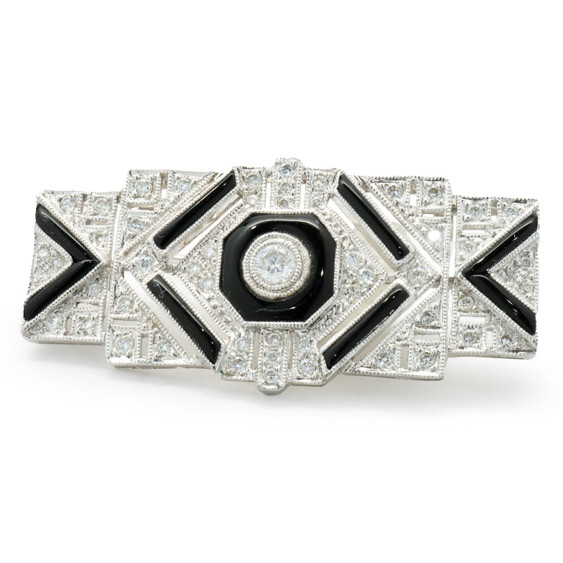 18 Karat White Gold Vintage Art Deco Diamond and Black Onyx Pin