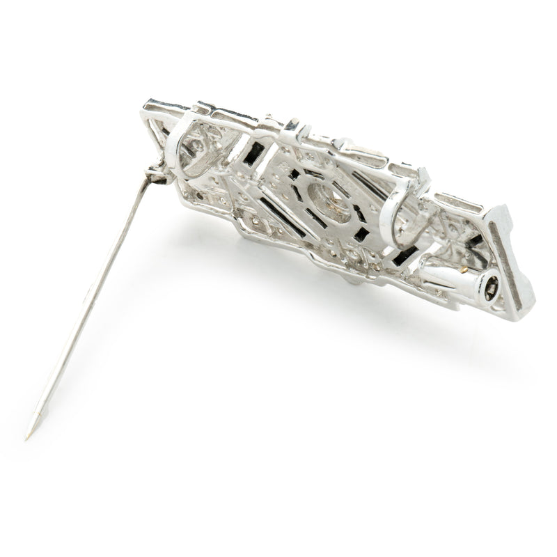 18 Karat White Gold Vintage Art Deco Diamond and Black Onyx Pin