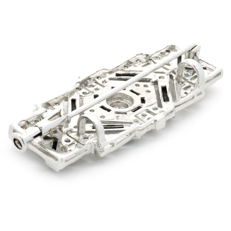 18 Karat White Gold Vintage Art Deco Diamond and Black Onyx Pin