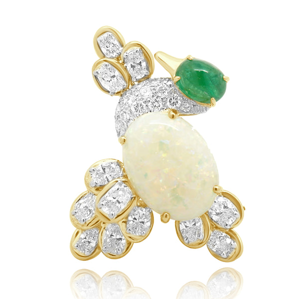 18K Yellow Gold & Platinum Opal, Diamond & Emerald Duck Brooch