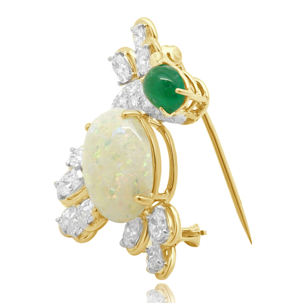18K Yellow Gold & Platinum Opal, Diamond & Emerald Duck Brooch