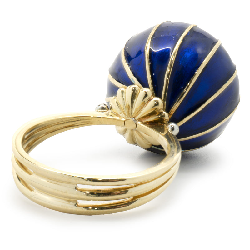 Orletto 18 Karat Yellow Gold Vintage Blue Enamel, Diamond, and Sapphire Ring