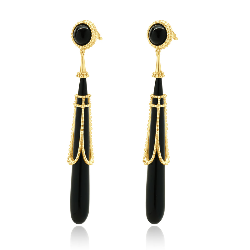 Erte Tirtoff 14 Karat Yellow Gold Vintage Onyx Drop Earrings