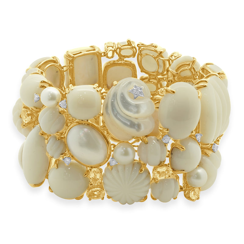 Seaman Schepps 18 Karat Yellow Gold Carved Coral, Mother of Pearl, Diamond, and Morganite Wide Bracelet
