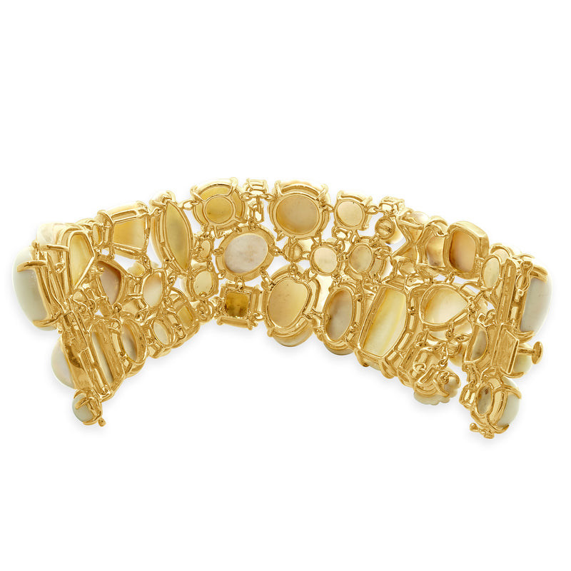 Seaman Schepps 18 Karat Yellow Gold Carved Coral, Mother of Pearl, Diamond, and Morganite Wide Bracelet