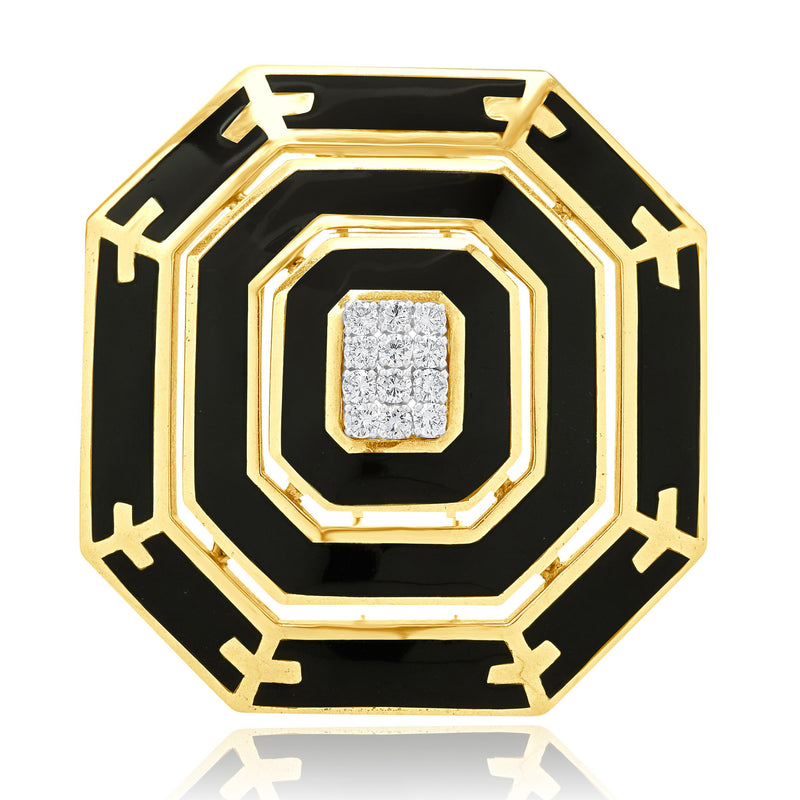 18 Karat Yellow Gold & Platinum Diamond and Enamel Hexagon Brooch