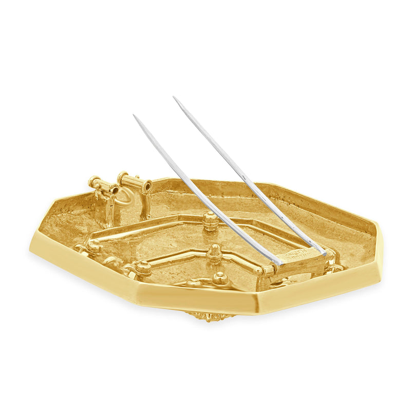 18 Karat Yellow Gold & Platinum Diamond and Enamel Hexagon Brooch