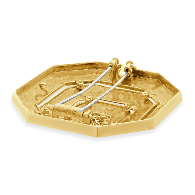 18 Karat Yellow Gold & Platinum Diamond and Enamel Hexagon Brooch