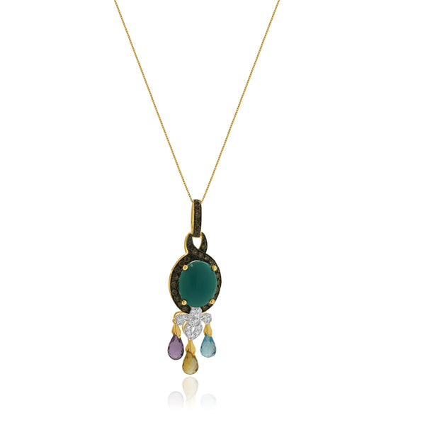 14 Karat Yellow Gold Multi Gemstone and Diamond Tassle Necklace