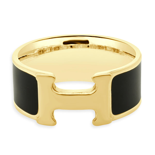 Hermes 18 Karat Yellow Gold Black Enamel Cliq H Ring