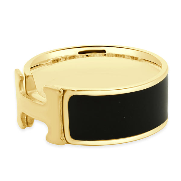 Hermes 18 Karat Yellow Gold Black Enamel Cliq H Ring