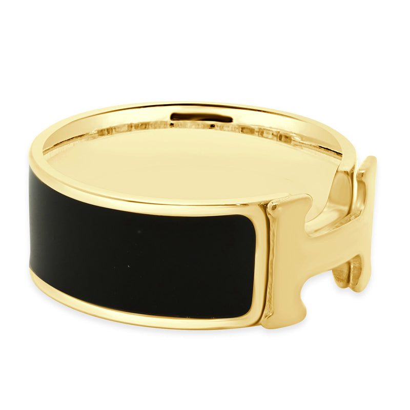 Hermes 18 Karat Yellow Gold Black Enamel Cliq H Ring