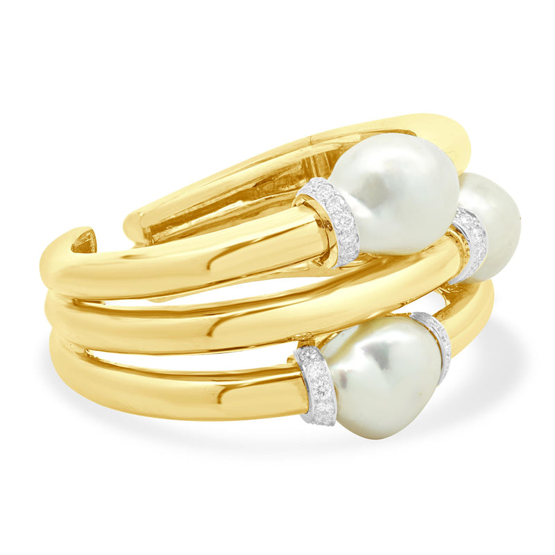 18K Yellow Gold & Platinum Baroque Pearl and Diamond Hinged Cuff