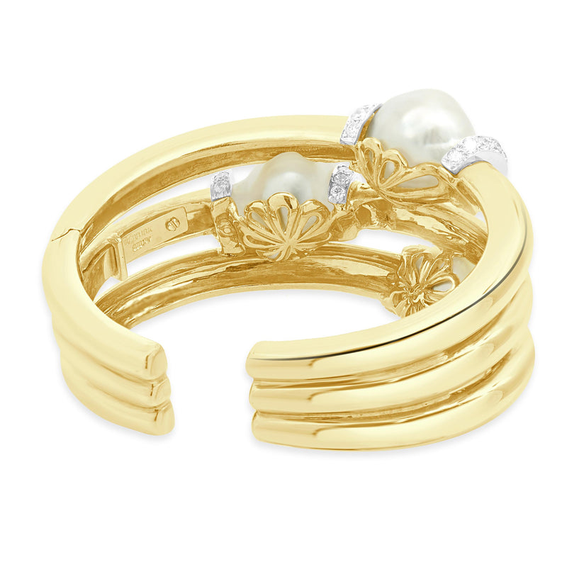 18K Yellow Gold & Platinum Baroque Pearl and Diamond Hinged Cuff