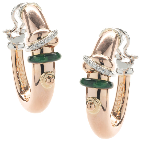 La Nouvelle Bague 18 Karat Rose Gold Green Enamel and Diamond Hoop Earrings