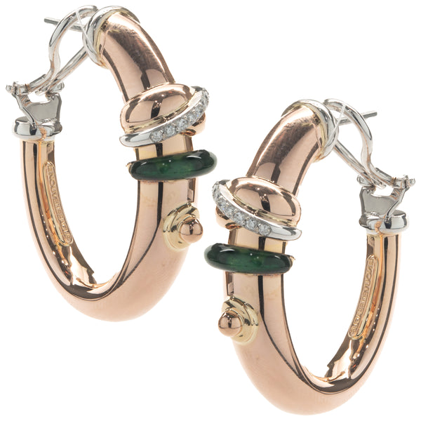 La Nouvelle Bague 18 Karat Rose Gold Green Enamel and Diamond Hoop Earrings