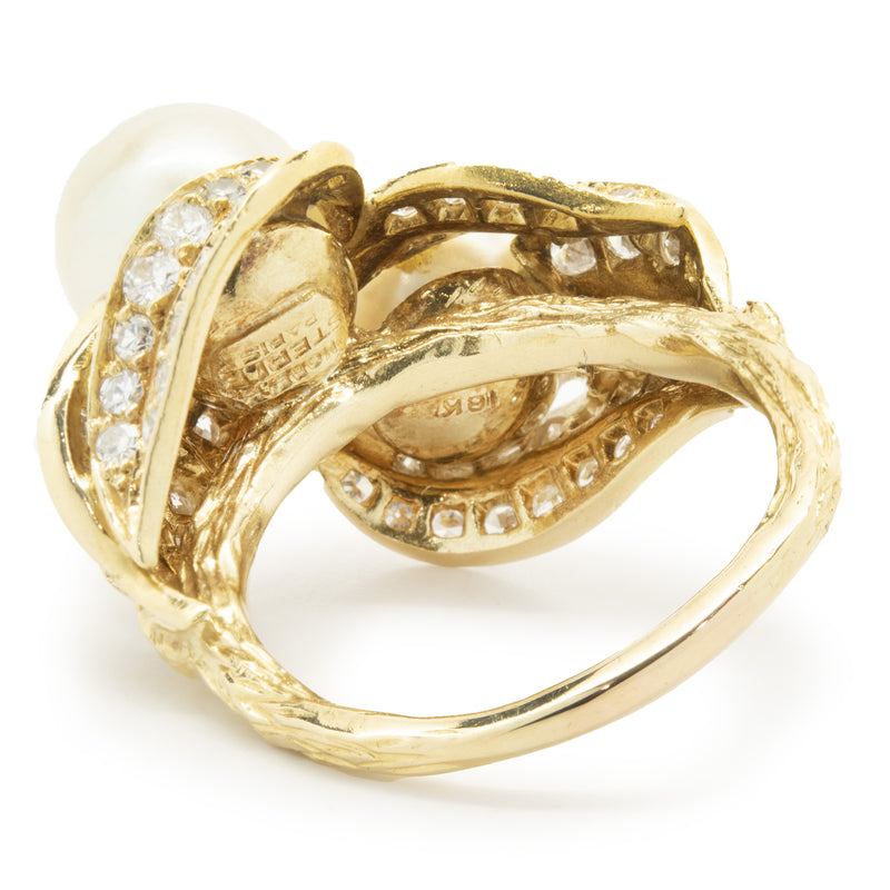 Sterle Paris 18 Karat Yellow Gold Cultured Akoya Pearl and Diamond Cocktail Ring