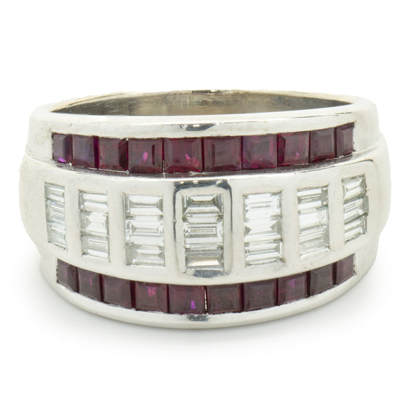 Vico 18 Karat White Gold Three Row Ruby and Diamond Channel Set Ring