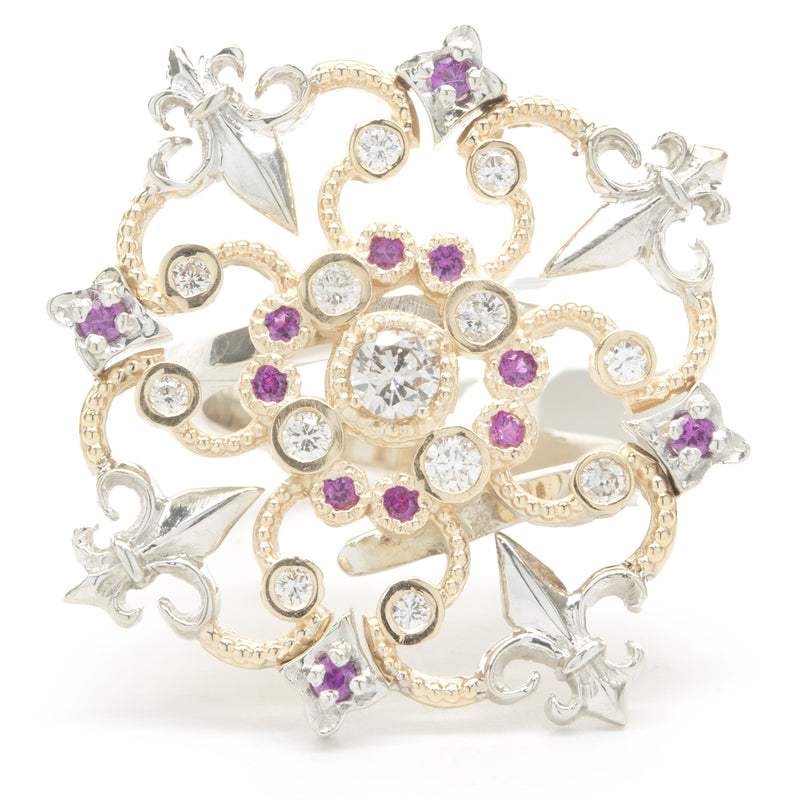 Pink Sapphire and Diamond 14k White and Yellow Gold Ring
