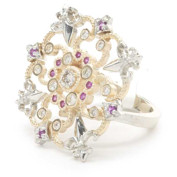 Pink Sapphire and Diamond 14k White and Yellow Gold Ring