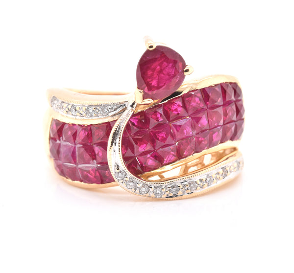 18 Karat Yellow Gold Invisible Set Pigeons Blood Ruby and Diamond Ring