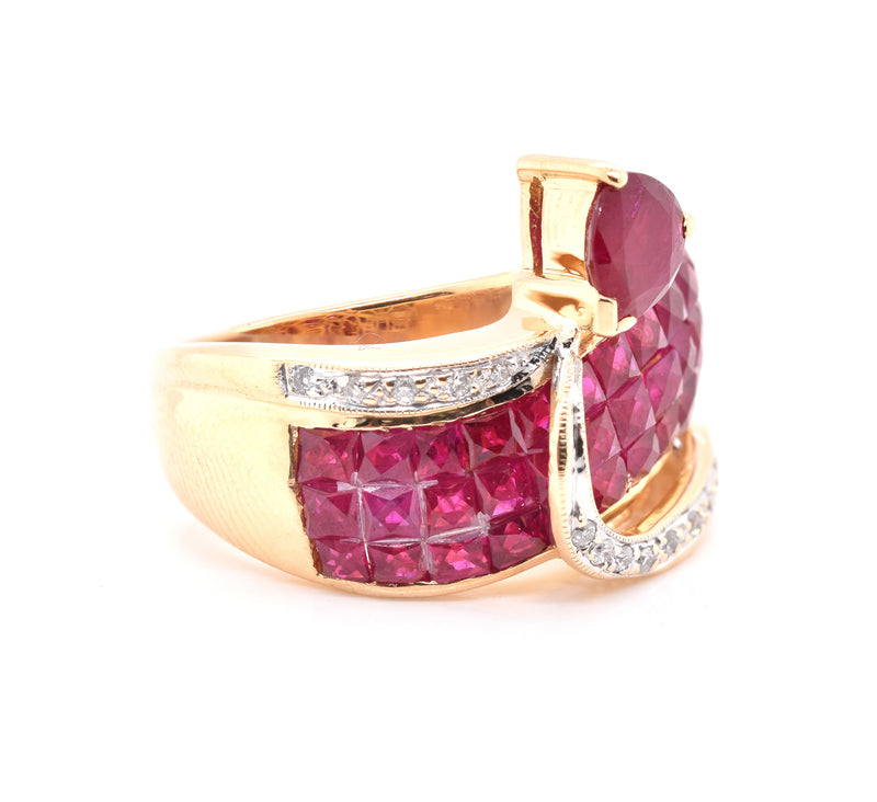 18 Karat Yellow Gold Invisible Set Pigeons Blood Ruby and Diamond Ring