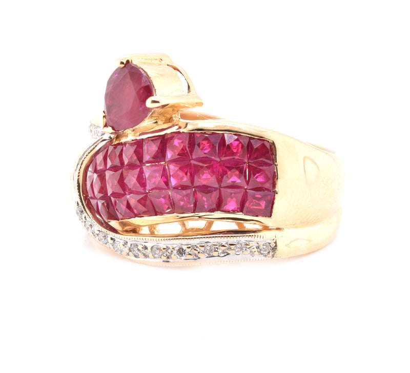 18 Karat Yellow Gold Invisible Set Pigeons Blood Ruby and Diamond Ring
