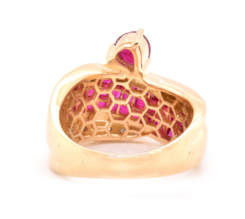 18 Karat Yellow Gold Invisible Set Pigeons Blood Ruby and Diamond Ring