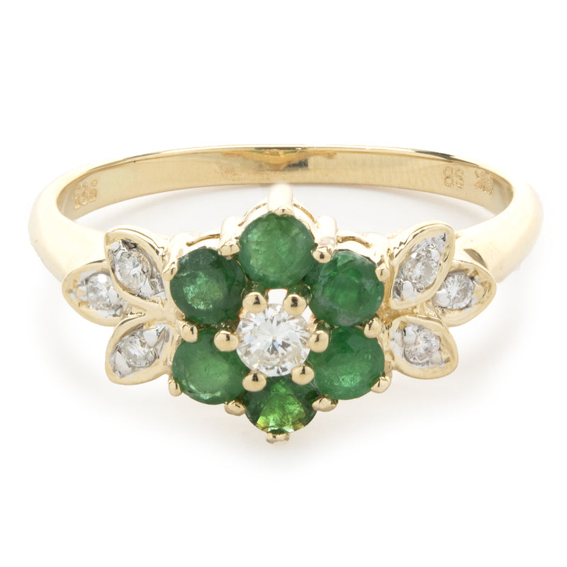 14 Karat Yellow Gold Emerald and Diamond Flower Ring