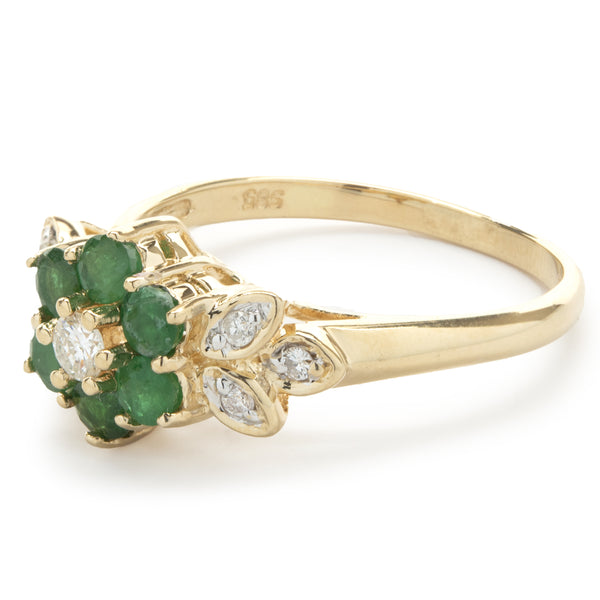 14 Karat Yellow Gold Emerald and Diamond Flower Ring