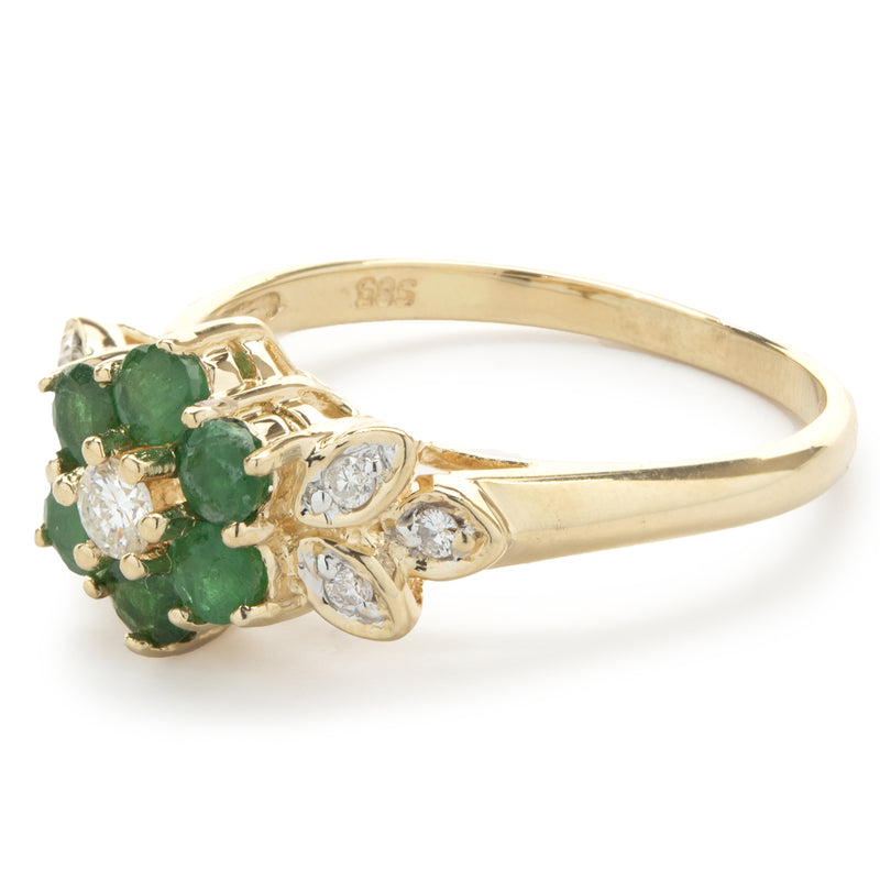 14 Karat Yellow Gold Emerald and Diamond Flower Ring