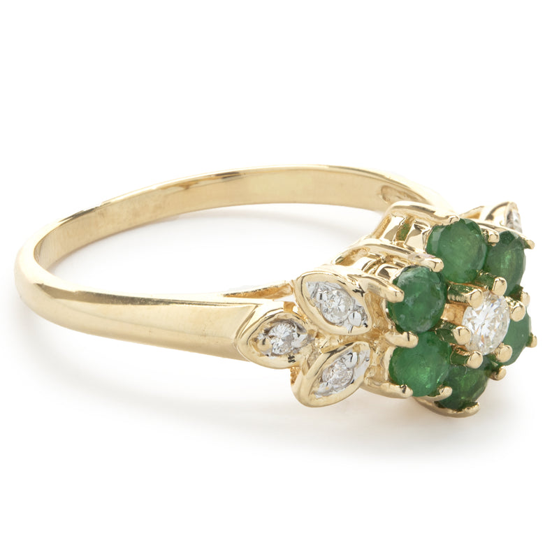 14 Karat Yellow Gold Emerald and Diamond Flower Ring