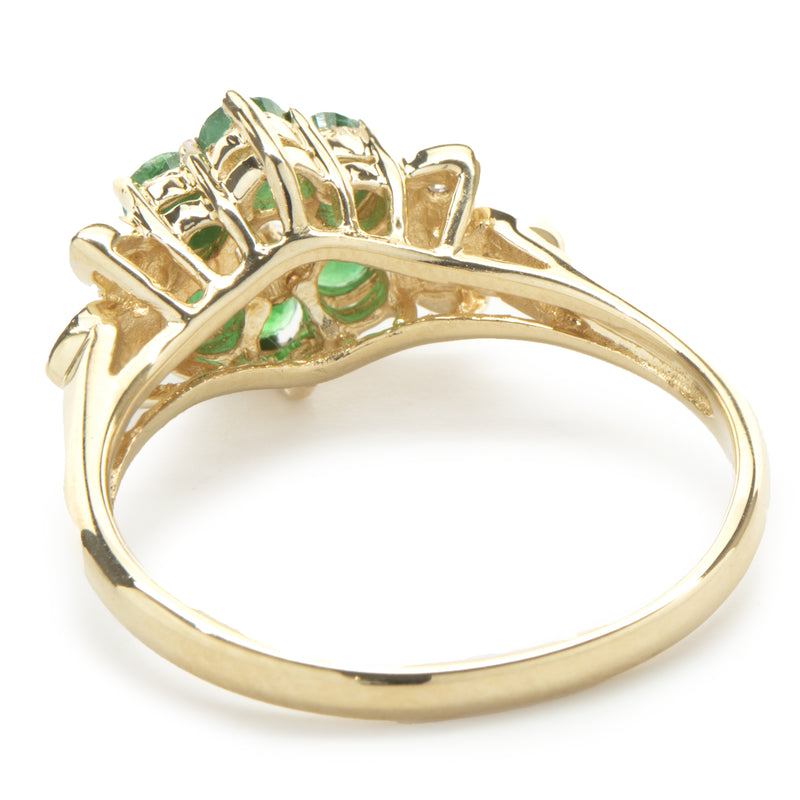 14 Karat Yellow Gold Emerald and Diamond Flower Ring