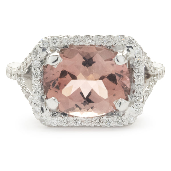 14 Karat White Gold Salmon Tourmaline and Diamond Ring