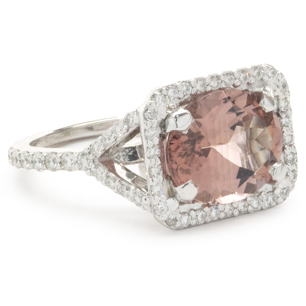14 Karat White Gold Salmon Tourmaline and Diamond Ring