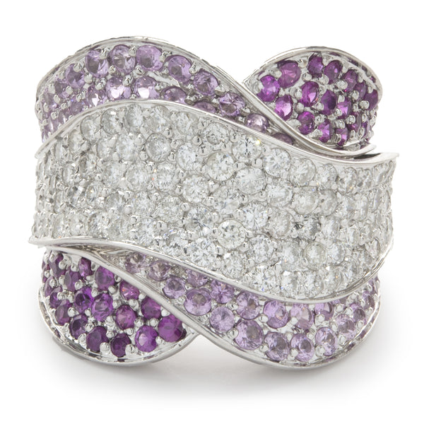 18 Karat White Gold Pave Diamond, Ruby, and Pink Sapphire Wave Ring