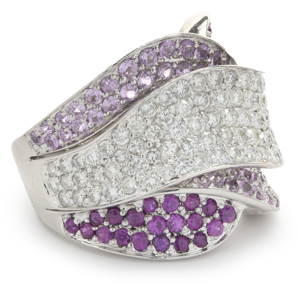 18 Karat White Gold Pave Diamond, Ruby, and Pink Sapphire Wave Ring