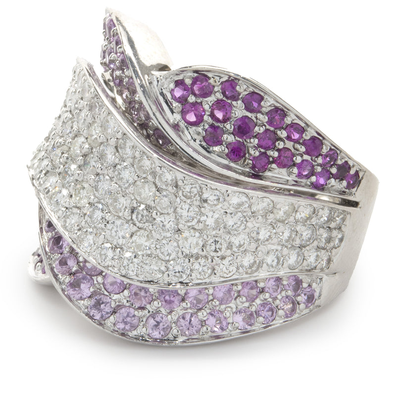 18 Karat White Gold Pave Diamond, Ruby, and Pink Sapphire Wave Ring