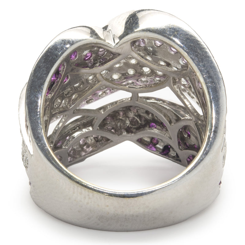 18 Karat White Gold Pave Diamond, Ruby, and Pink Sapphire Wave Ring