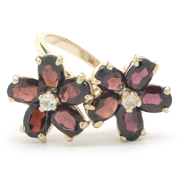 14 Karat Yellow Gold Garnet and Diamond Flower Ring