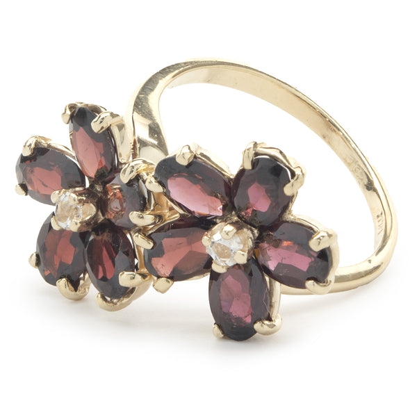 14 Karat Yellow Gold Garnet and Diamond Flower Ring
