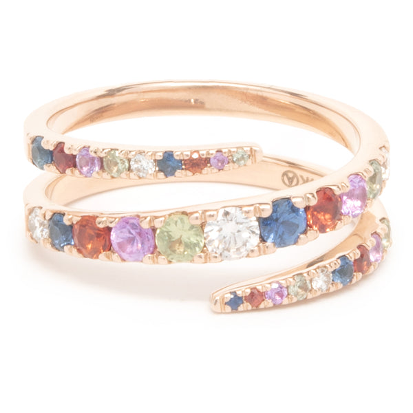 14 Karat Rose Gold Rainbow Sapphire and Diamond Bypass Ring